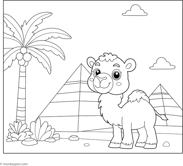 Camel near Pyramid coloring page – free printable for kids to color and enjoy