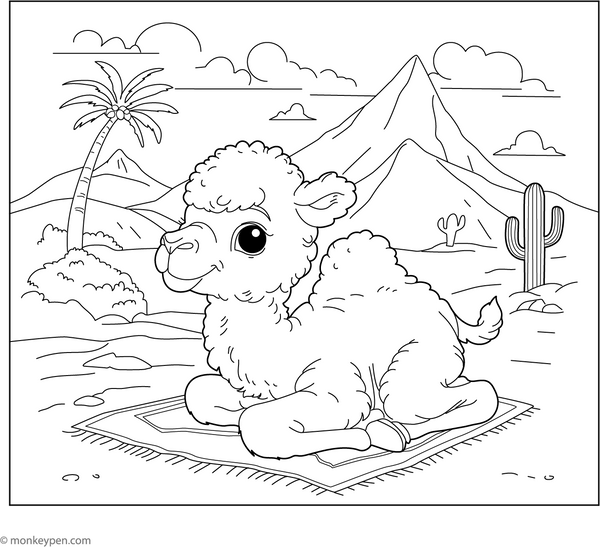 Baby Camel Playing in the Sand coloring page – free printable for kids to color and enjoy