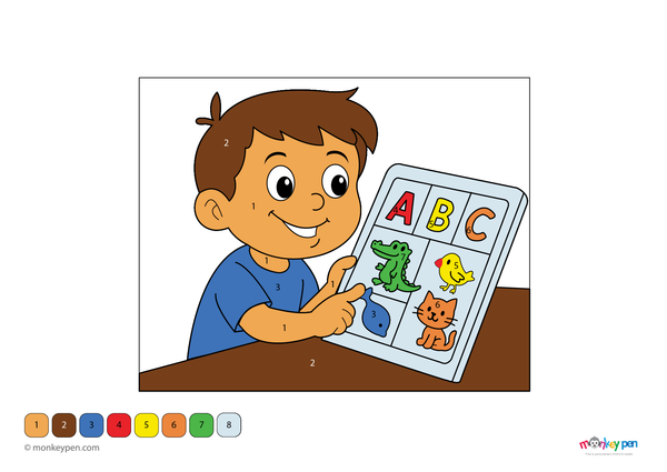 Color-by-number worksheet of a child practicing the alphabet – free download to color letters, outfit, and educational scene.