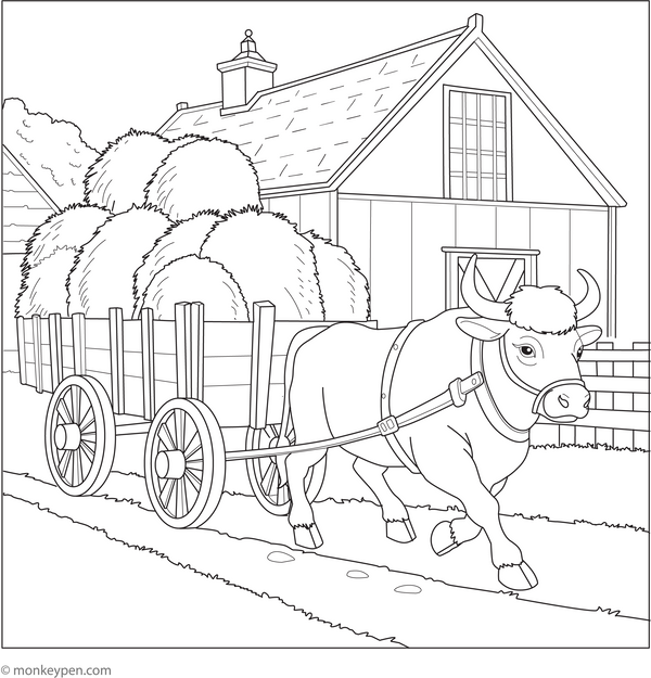 Bull Pulling Cart coloring page – free printable for kids to color and enjoy