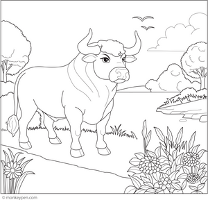 Bull by the Riverbank coloring page – free printable for kids to color and enjoy