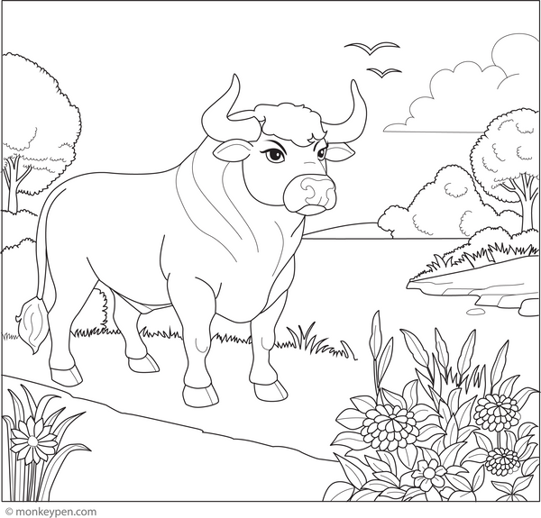 Bull by the Riverbank coloring page – free printable for kids to color and enjoy
