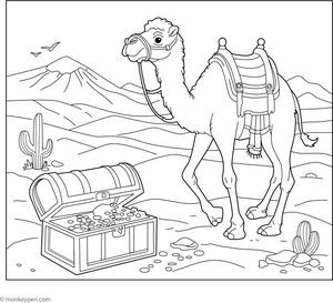 Camel with a Treasure Chest coloring page – free printable for kids to color and enjoy
