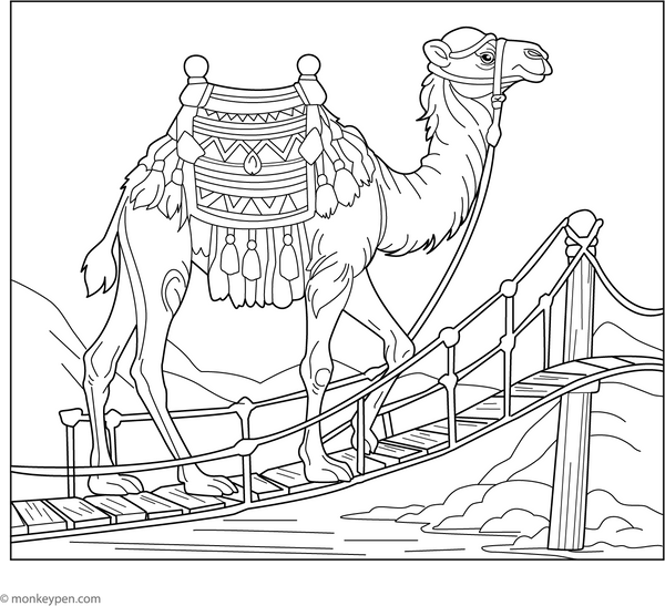 Camel Crossing Rope Bridge coloring page – free printable for kids to color and enjoy