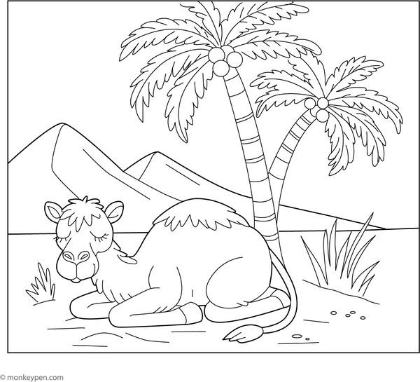 Sleeping Camel under a Palm Tree coloring page – free printable for kids to color and enjoy