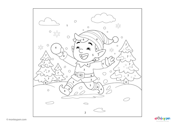 Downloadable color-by-number worksheet of a cheerful elf playing in snowy weather, with numbered areas for outfit, snow, and festive background.
