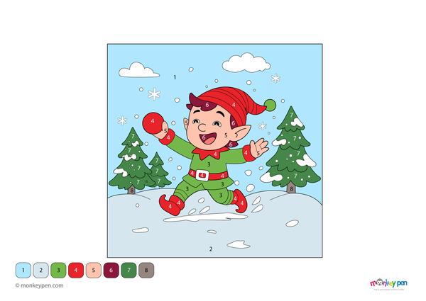 Downloadable color-by-number worksheet of a cheerful elf playing in snowy weather, with numbered areas for outfit, snow, and festive background.