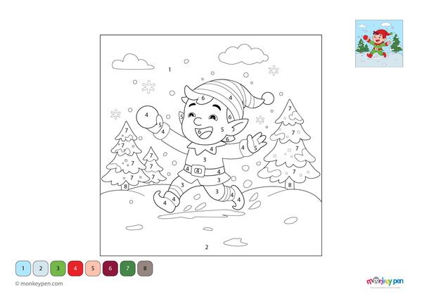 Downloadable color-by-number worksheet of a cheerful elf playing in snowy weather, with numbered areas for outfit, snow, and festive background.