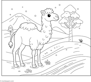 Camel in a Snowy Desert coloring page – free printable for kids to color and enjoy
