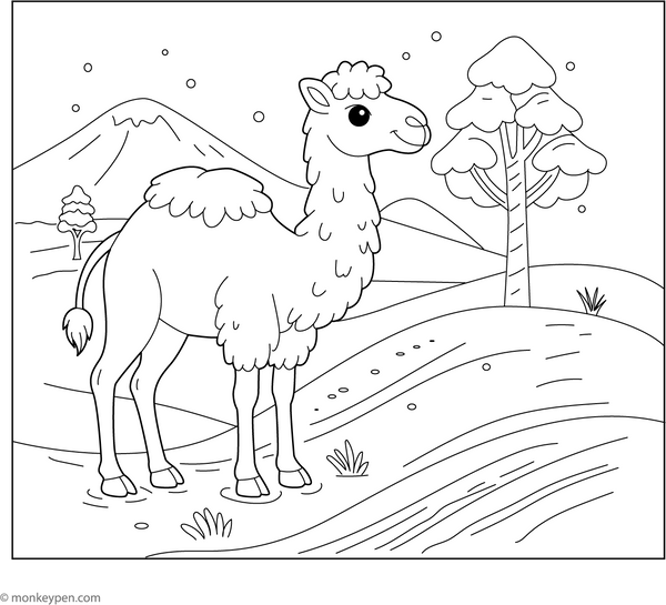 Camel in a Snowy Desert coloring page – free printable for kids to color and enjoy