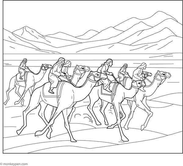 Group of Camel in Desert Race coloring page – free printable for kids to color and enjoy