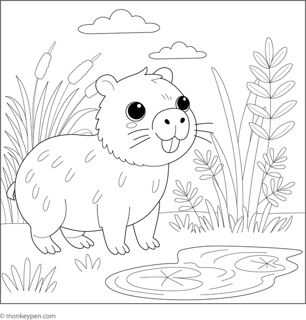 Capybara by a Pond coloring page – free printable for kids to color and enjoy
