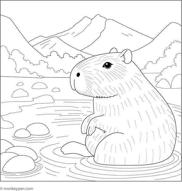 Capybara in a Hot Spring coloring page – free printable for kids to color and enjoy