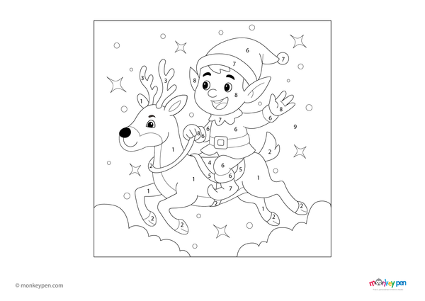 Color-by-number worksheet of an elf on a reindeer – free download to color festive clothing, reindeer, and holiday winter scene.