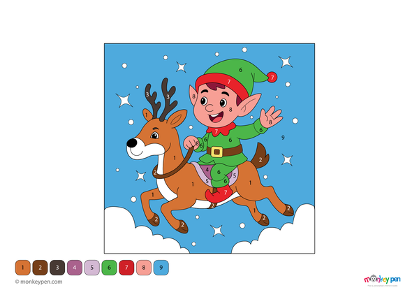 Color-by-number worksheet of an elf on a reindeer – free download to color festive clothing, reindeer, and holiday winter scene.