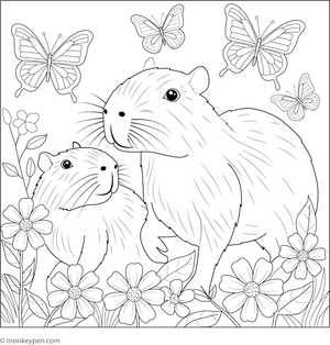Capybara and Butterflies coloring page – free printable for kids to color and enjoy