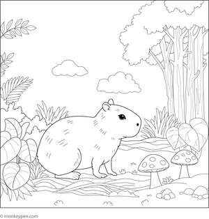 Capybara in Forest Adventure coloring page – free printable for kids to color and enjoy