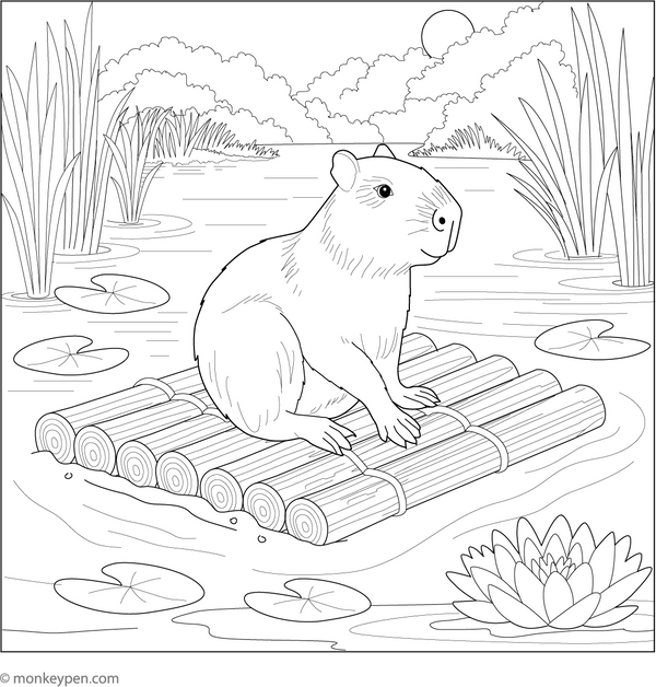 Capybara in Raft coloring page – free printable for kids to color and enjoy