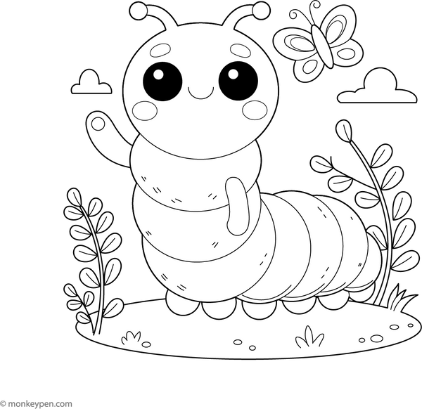 Cartoon Caterpillar Waving Hello coloring page – free printable for kids to color and enjoy
