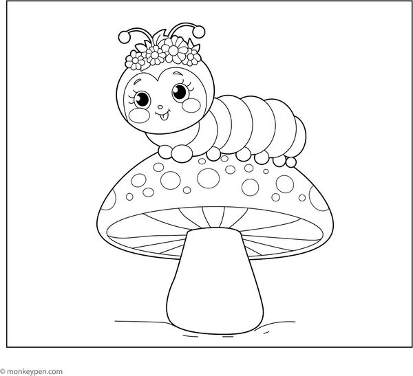 Caterpillar Under a Mushroom coloring page – free printable for kids to color and enjoy
