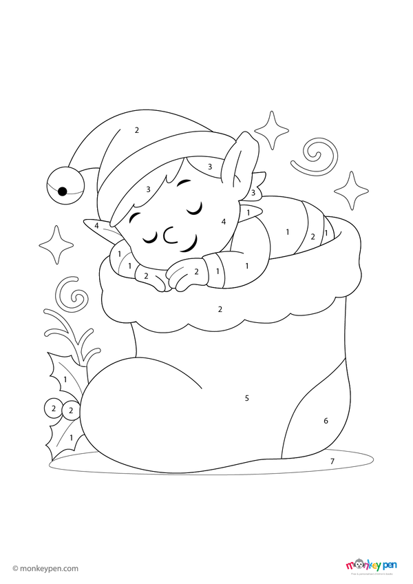 Colour by number page featuring a sleeping elf inside a Christmas stocking, with numbered sections for colouring the elf, stocking, and background decorations.