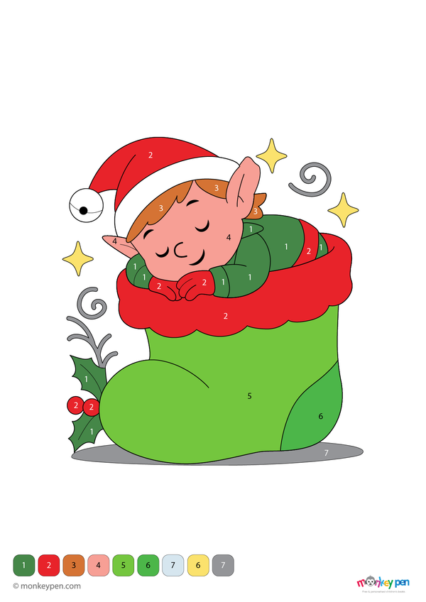 Colour by number page featuring a sleeping elf inside a Christmas stocking, with numbered sections for colouring the elf, stocking, and background decorations.