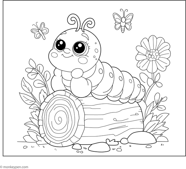 Smiling Caterpillar on a Rock coloring page – free printable for kids to color and enjoy
