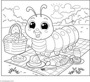 Caterpillar on a Picnic coloring page – free printable for kids to color and enjoy
