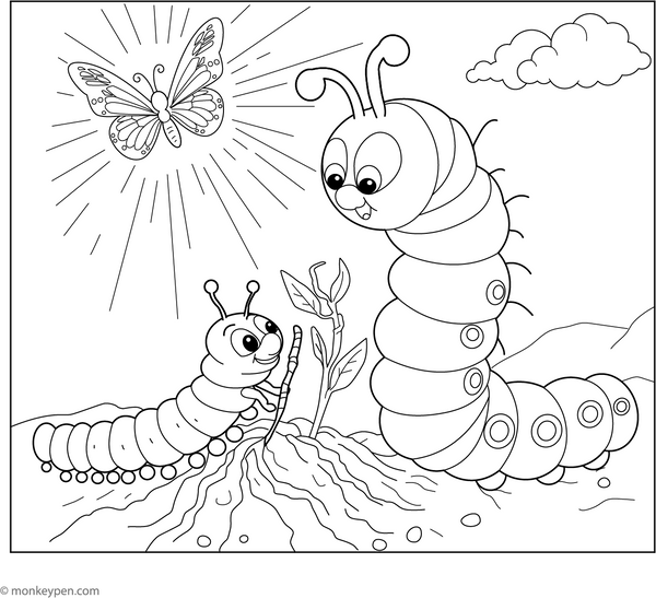 Caterpillar and the Worm coloring page – free printable for kids to color and enjoy