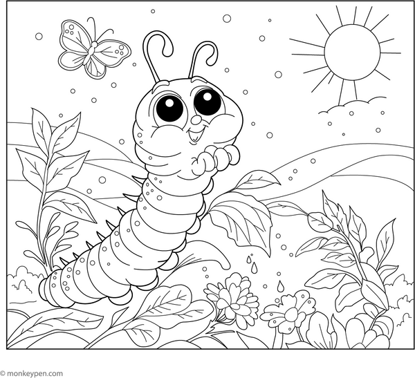 Caterpillar and the Morning Dew coloring page – free printable for kids to color and enjoy