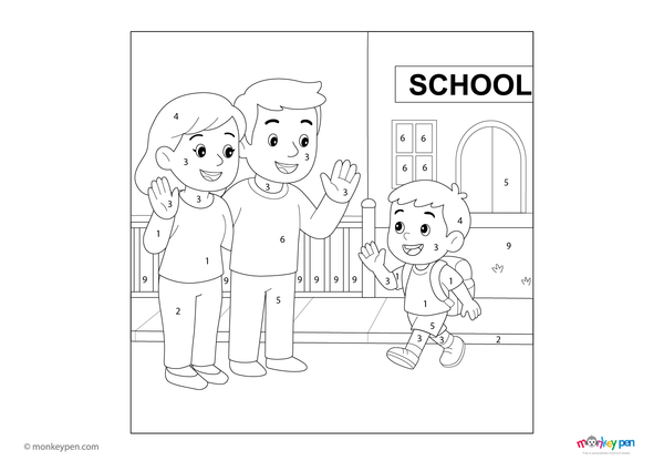 Color-by-number worksheet of a student carrying a school bag – free download to color clothing, backpack, and educational scene.