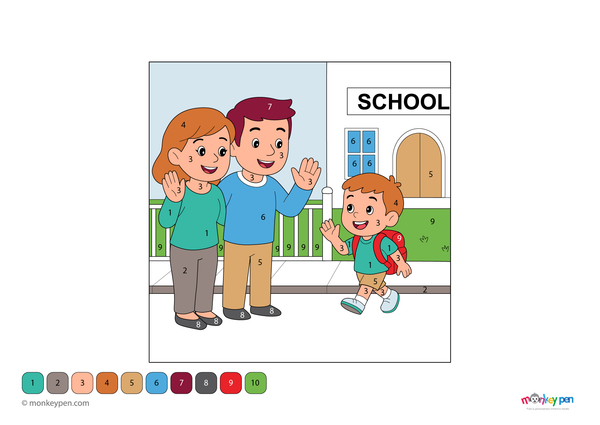 Color-by-number worksheet of a student carrying a school bag – free download to color clothing, backpack, and educational scene.