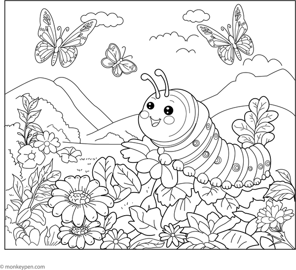Caterpillar in Butterfly Garden coloring page – free printable for kids to color and enjoy