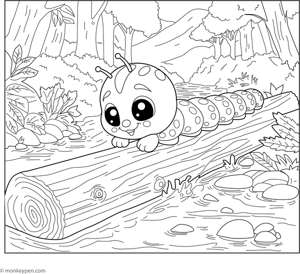 Caterpillar Crossing a Log coloring page – free printable for kids to color and enjoy