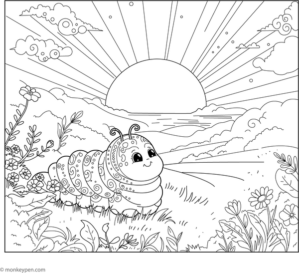 Caterpillar at Sunrise coloring page – free printable for kids to color and enjoy