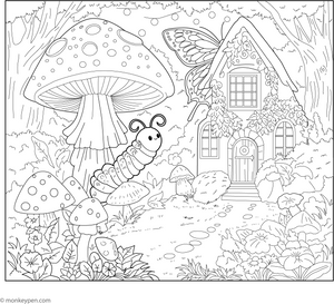 Caterpillar in a Fairy Garden coloring page – free printable for kids to color and enjoy
