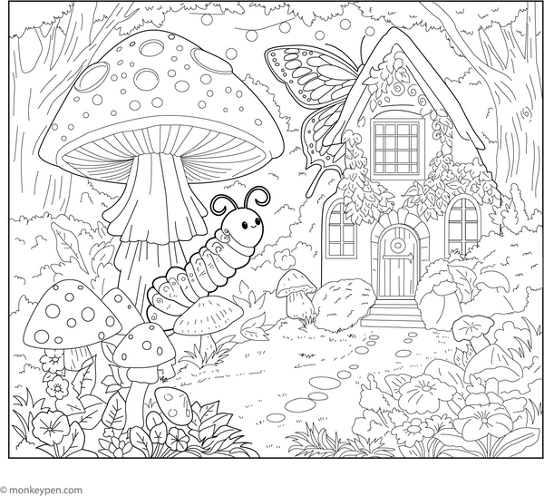 Caterpillar in a Fairy Garden coloring page – free printable for kids to color and enjoy