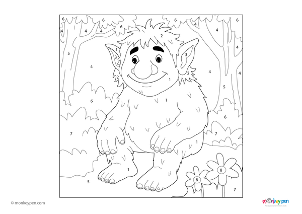 Downloadable color-by-number worksheet of a troll standing among forest trees, with numbered areas for troll, trees, and woodland background.