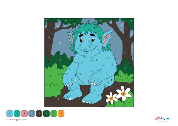 Downloadable color-by-number worksheet of a troll standing among forest trees, with numbered areas for troll, trees, and woodland background.