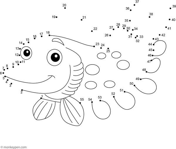 A slim pike fish with pointed features appears as children complete the numbered dots in this water-themed activity.