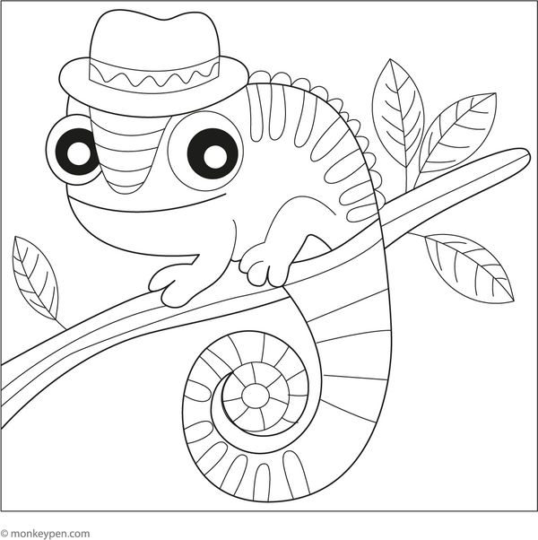 Chameleon with a Hat coloring page – free printable for kids to color and enjoy