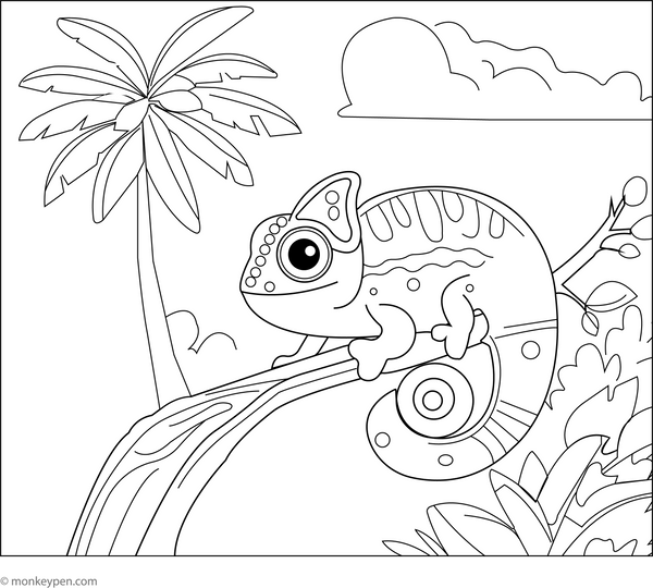 Chameleon in a Jungle Scene coloring page – free printable for kids to color and enjoy