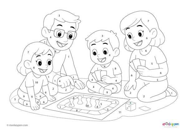 Downloadable color-by-number worksheet of parents playing joyfully with their child, with numbered areas for clothing, toys, and background.