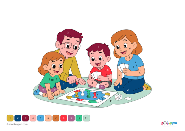 Downloadable color-by-number worksheet of parents playing joyfully with their child, with numbered areas for clothing, toys, and background.