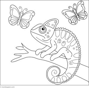 Chameleon and a Butterfly coloring page – free printable for kids to color and enjoy