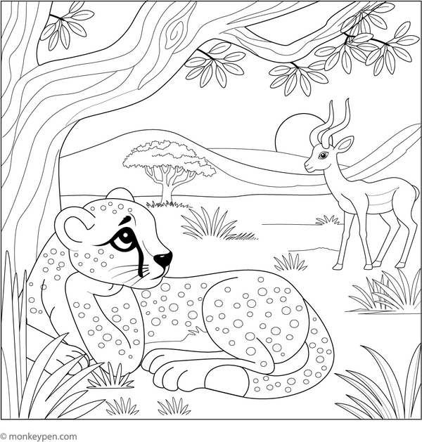 Cheetah and a Gazelle coloring page – free printable for kids to color and enjoy