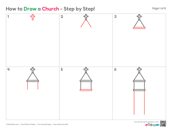 Church outline drawing with windows and doors.