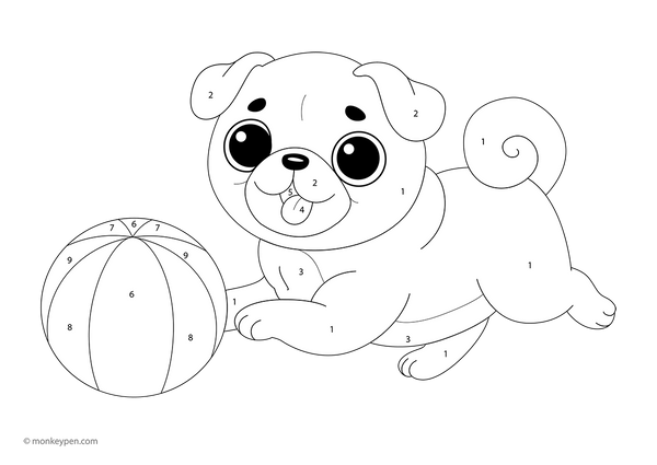 Free downloadable color-by-number worksheet featuring a playful pug with a ball, showing numbered sections on its face, tail, and eyes—an ideal printable activity for preschoolers to practice numbers while coloring a favorite pet.