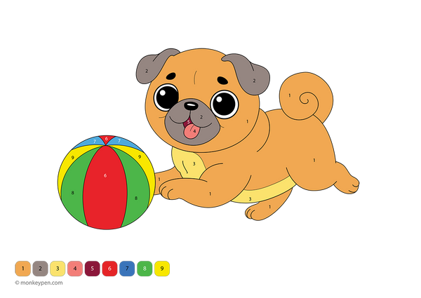 Free downloadable color-by-number worksheet featuring a playful pug with a ball, showing numbered sections on its face, tail, and eyes—an ideal printable activity for preschoolers to practice numbers while coloring a favorite pet.