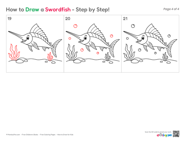 Fun marine life drawing project teaching kids how to sketch a swordfish from start to finish.